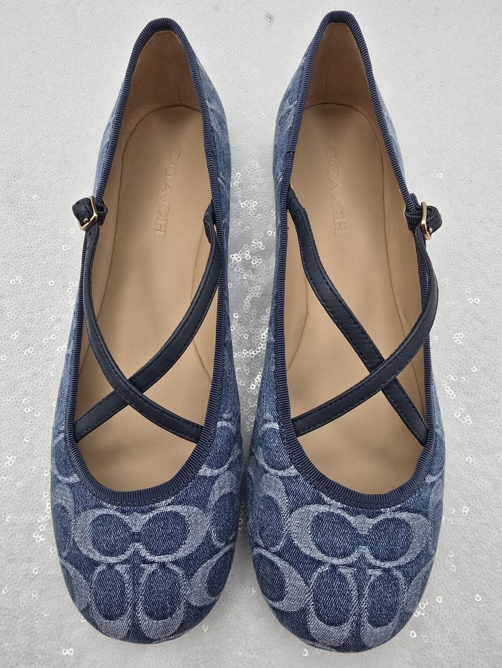Coach Phoebe Signature Denim Ballet Flsts Cris-cross Leather Flats Women's 10 - Picture 9 of 11
